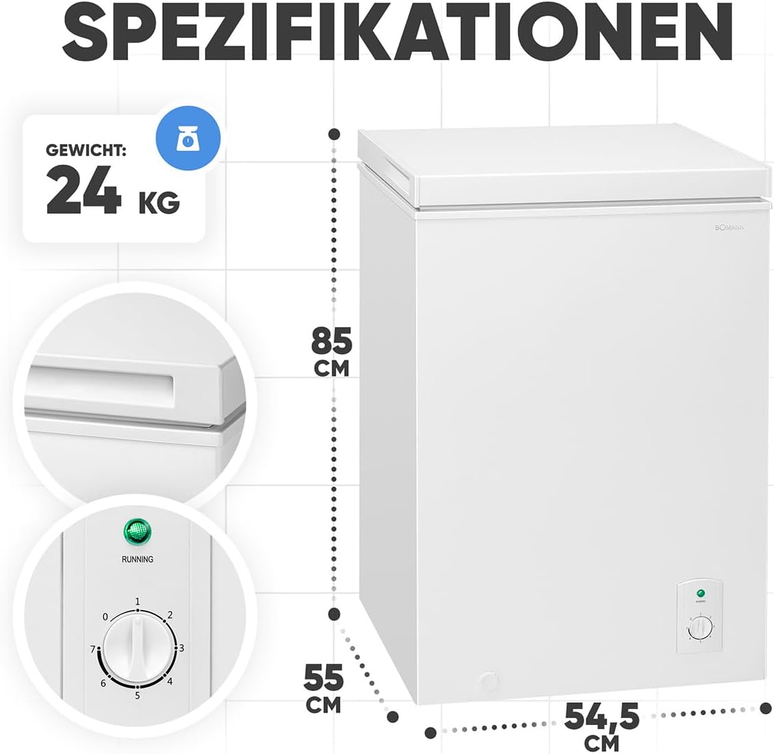 Bomann, 100L Gefriertruhe weiß GT7355 – 4 Sterne, Temperatur ≤ -18°C, Gefriervermögen 4,5 kg/24h, Kontrollleuchte, Temperatureinstellung, abnehmbar, Rollen, ideal für die Familie