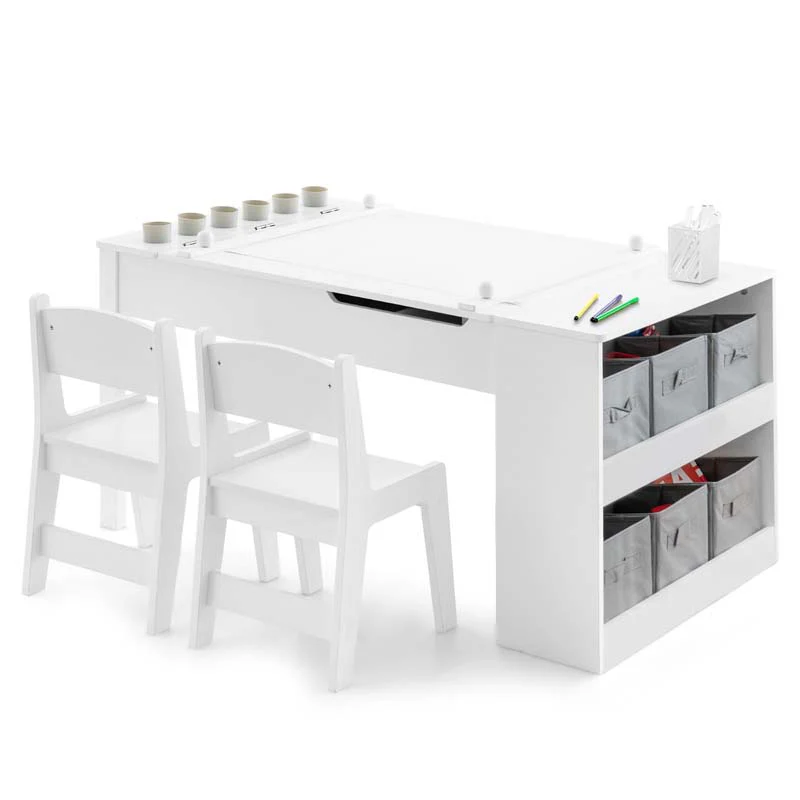 2-in-1 Kids Art Table Chair Set for Drawing Writing, Toddler Craft Play Wood Activity Desk w/2 Chairs Paper Roll Storage Canvas Bins