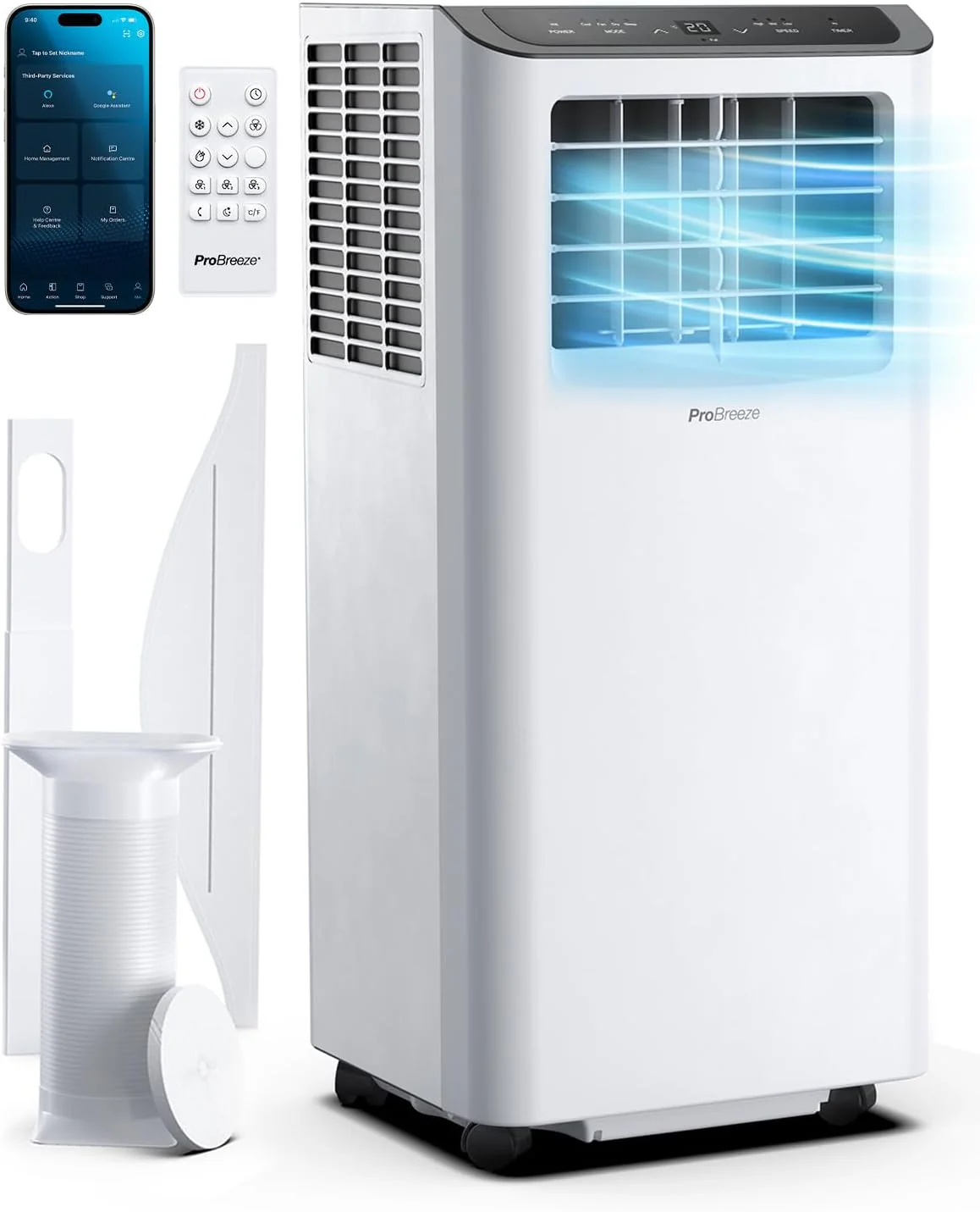 Pro Breeze 12000 BTU mobil klímaberendezés (akár 50 m²-es helyiségekhez) – Mobil klíma alkalmazásvezérléssel, időzítővel és LED-kijelzővel – Ablaktömítéssel és elszívótömlővel – Mobil klímaberendezés otthonra és irodába