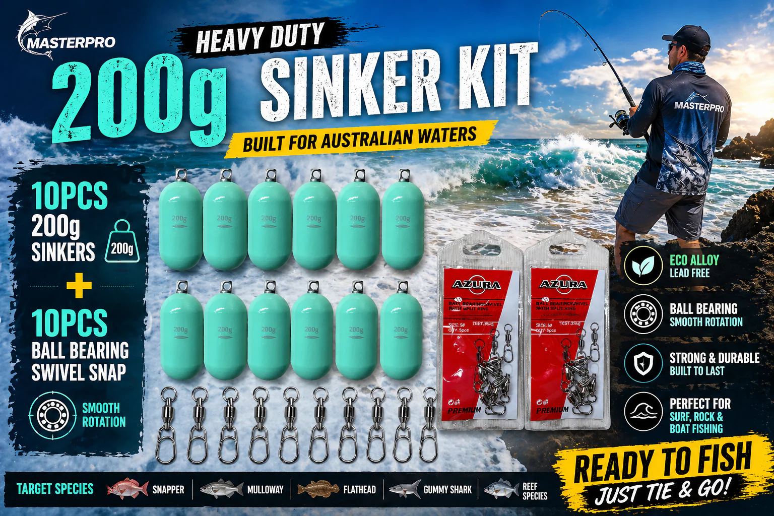 🎣 MASTERPRO 200g (7.15oz)Heavy Duty Fishing Sinker Kit  Built for Australian waters, this heavy-duty sinker kit is perfect for surf fishing, rock fishing, and deep water boat fishing.
