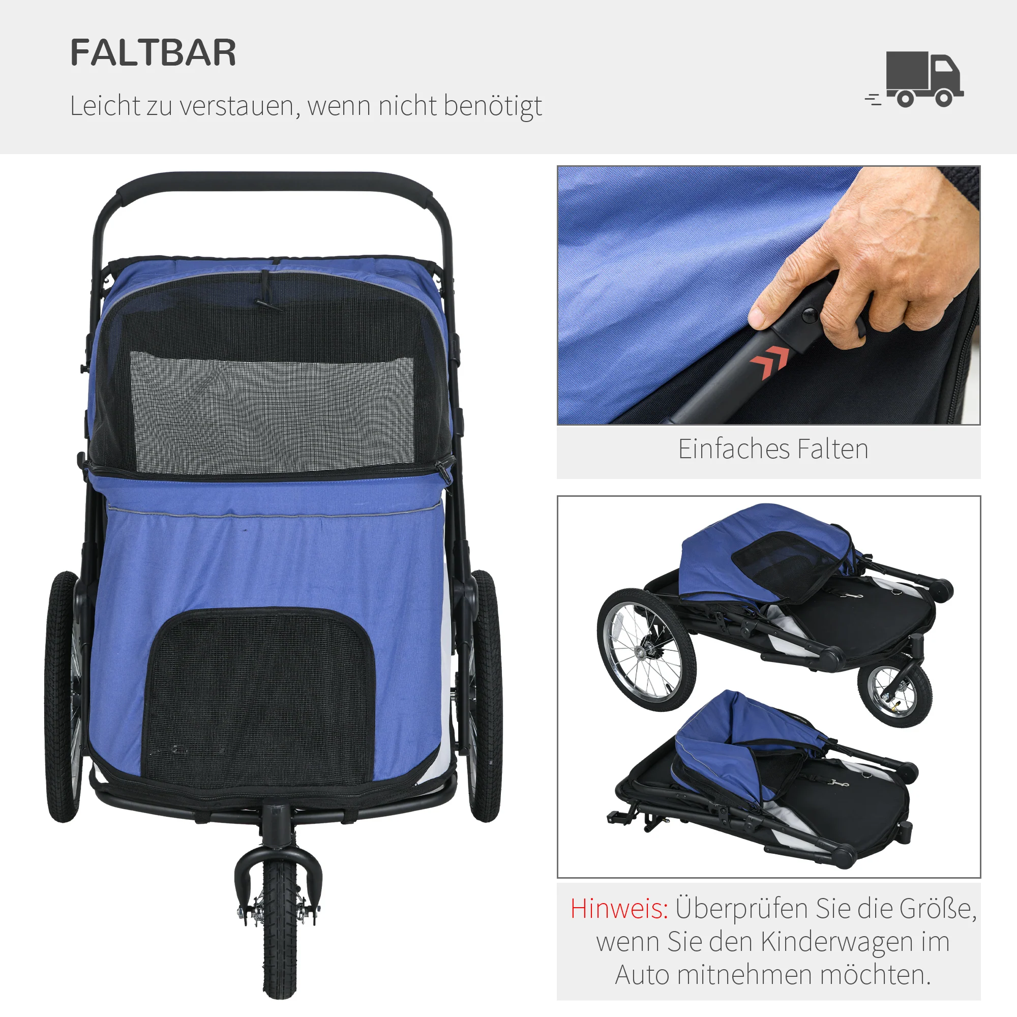 PawHut Hondenbuggy, inklapbaar, opklapbaar, Ligkussen, Stalen frame, Blauw/Zwart