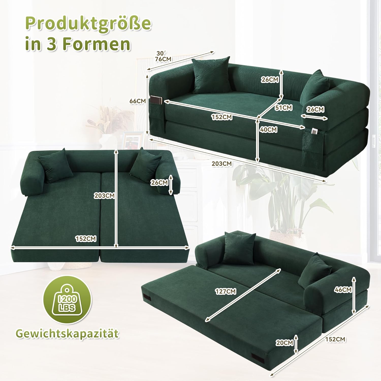 BMMB Bodensofa mit Schlaffunktion, 203cm 3-sitzer Boneless Couch Sofa, Klappbar Schlafsofa Schlafsessel Bed mit 2 Kissen, Moderne Klappsofa Sofabett für Wohnzimmer Schlafzimmer (Dunkelgrün, 8025)
