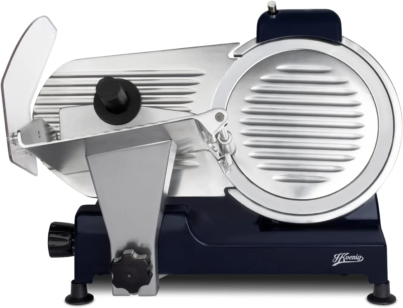 H.Koenig MSX250 Professional Precision Electric Meat Slicer 0-12 mm Cutting Thickness 25 cm Italian Blade Integrated Sharpener Wide Tray 282 RPM Silver
