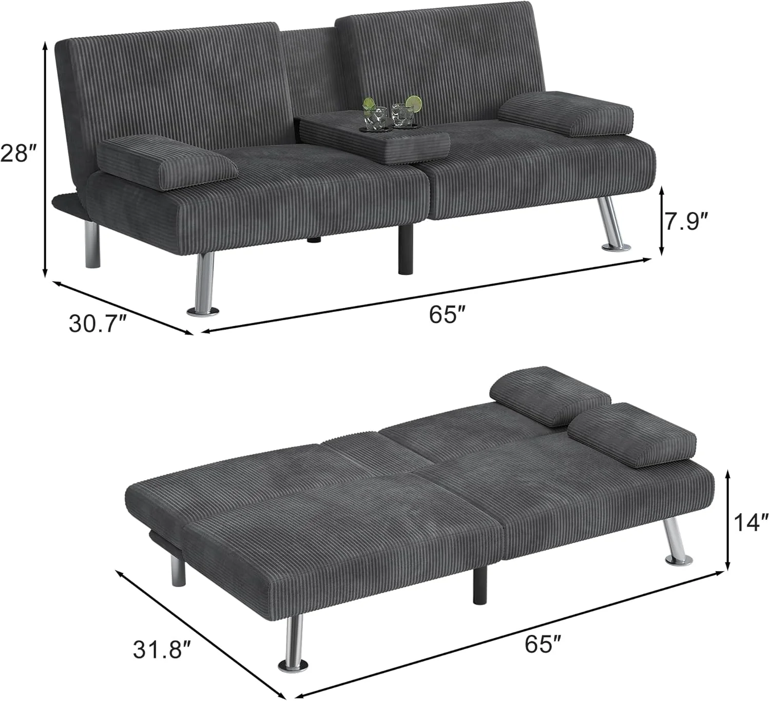 Shahoo Modern Linen Upholstered Convertible Folding Futon Sofa Bed with Removable Armrests