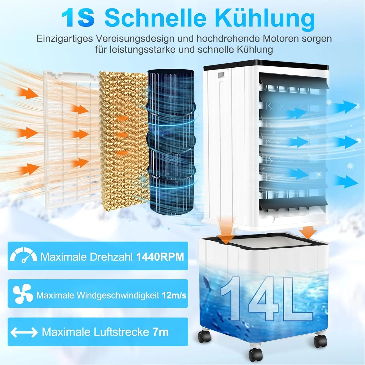 Légkondicionáló elvezetőcső nélkül, 14L 60W mobil légkondicionáló 12H időzítővel, 3 üzemmóddal, 40dB, 120°-os oszcillációval, kivehető víztartállyal, távirányítóval, csendes hordozható légkondicionáló lakásokba, szobákba