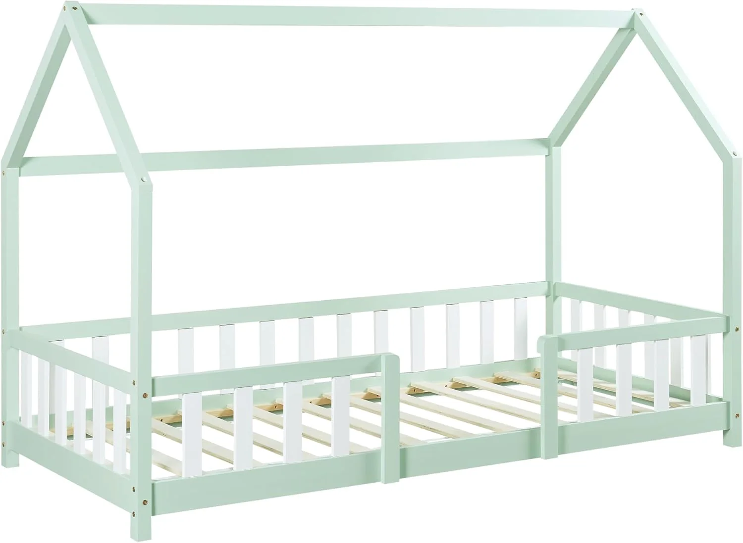[en.casa] Letto per bambini Sisimiut a capanna 80 x 160 cm con protezione anticaduta letto in legno per bambini letto a terra rete a doghe in legno di pino Bianco opaco
