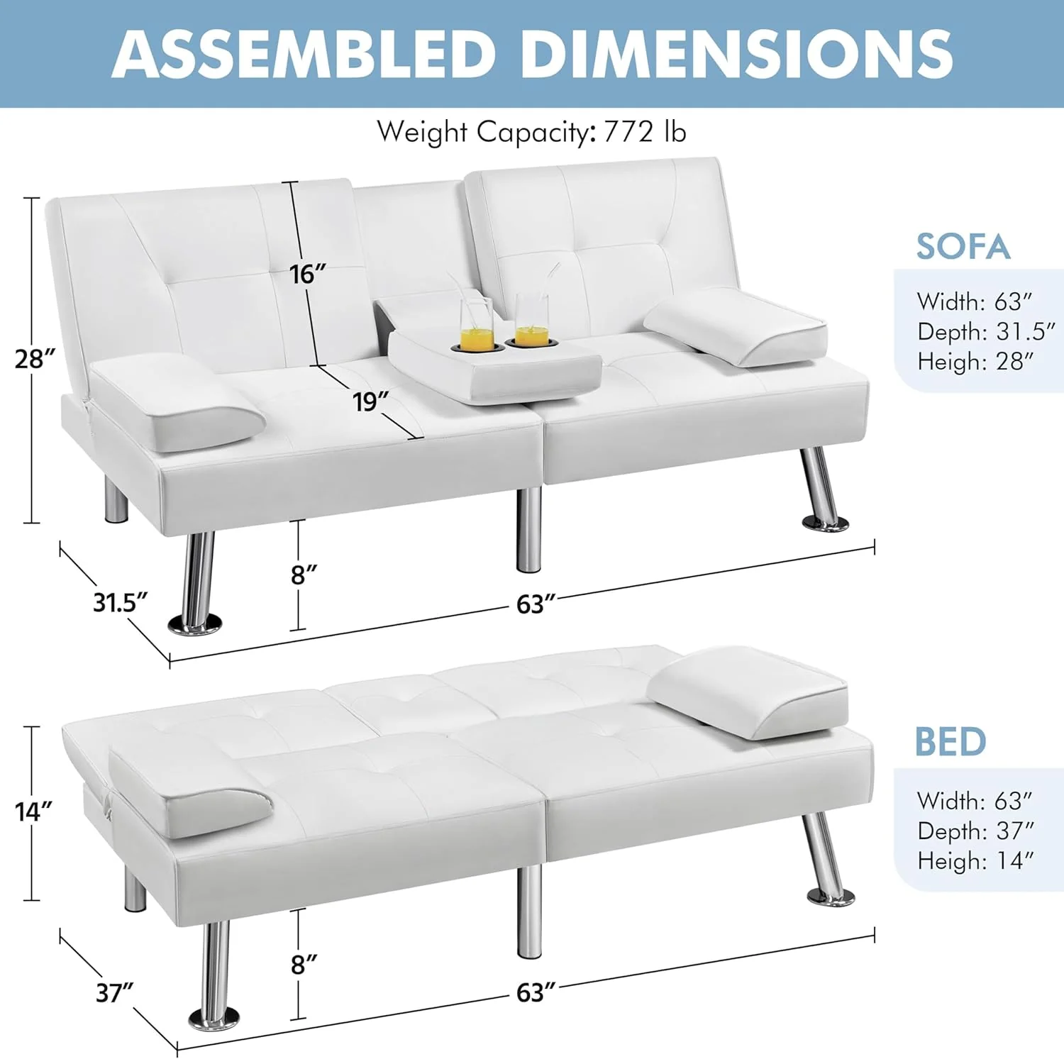 Yaheetech Convertible Sofa Bed Adjustable Couch Sleeper Modern Faux Leather Home Recliner Reversible Loveseat Folding Daybed Guest Bed, Removable Armrests, Cup Holders, 3 Angles, 772lb Capacity, Brown