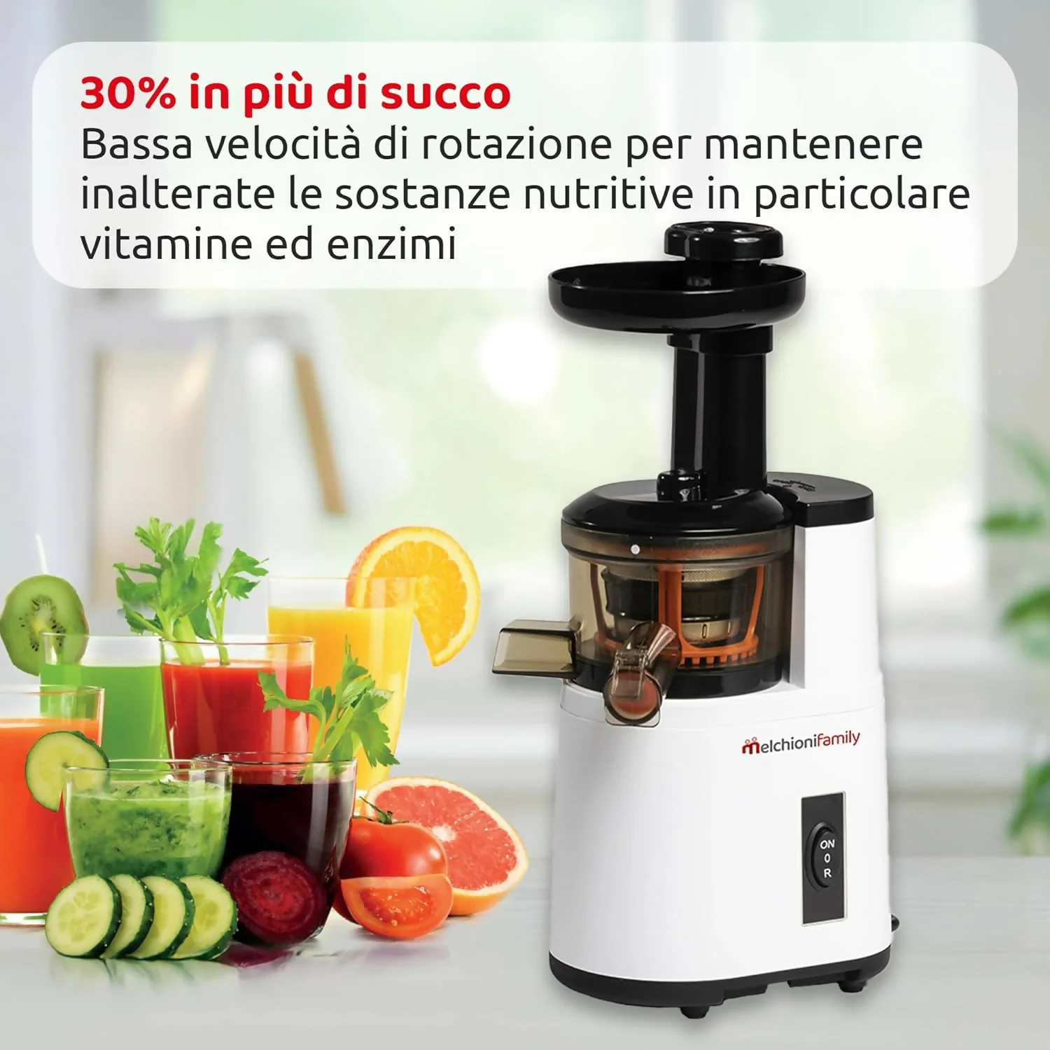 Melchioni vega estrattore a freddo di frutta e verdura, 150 w, 800 milliliters, 42 decibel, acciaio inossidabile, bianco
