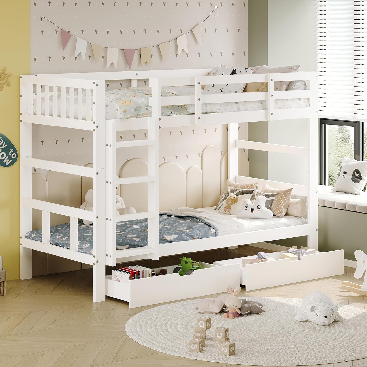 Letto a castello 90 x 200 cm, con scala, moderno letto a soppalco in legno massiccio con 2 cassetti, letto funzionale con rete a doghe e protezione dalle cadute, per 2 bambini, senza materasso