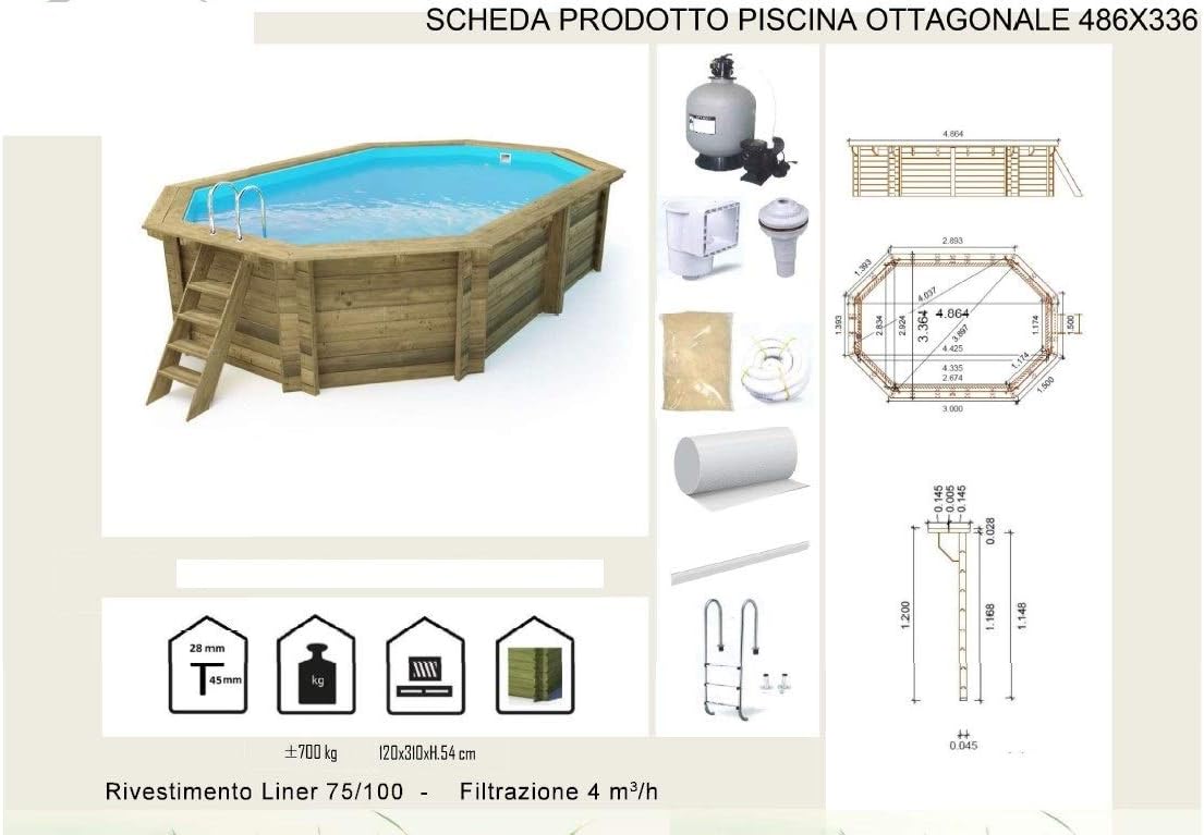 Salone Negozio Online Piscina Ottagonale in Legno IMPREGNATO Diametro CM.486X336X120H