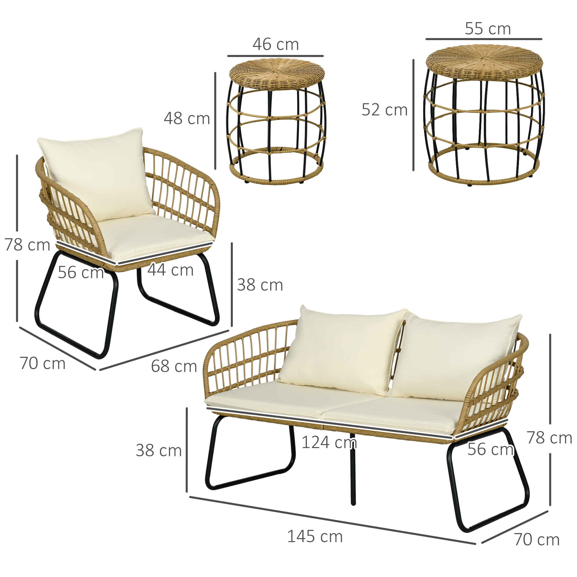Outsunny Lounge-Set Rattan Zitgroep, Buitenmeubelset in Boho-stijl, 5-delig, 145 x 70 x 78 cm, Crème + Natuur + Zwart