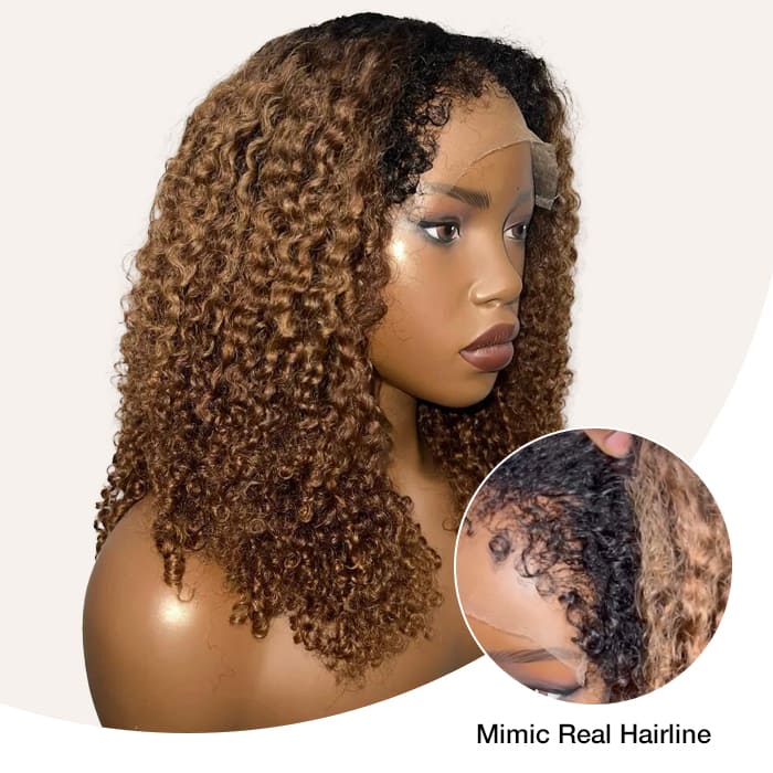 350% Ultra Dense Ombre Brown 4C Edges Hairline Kinky Curly Wig Pre Bleached Pre Plucked Quality Glueless Lace Front Human Hair Wig For Black Women