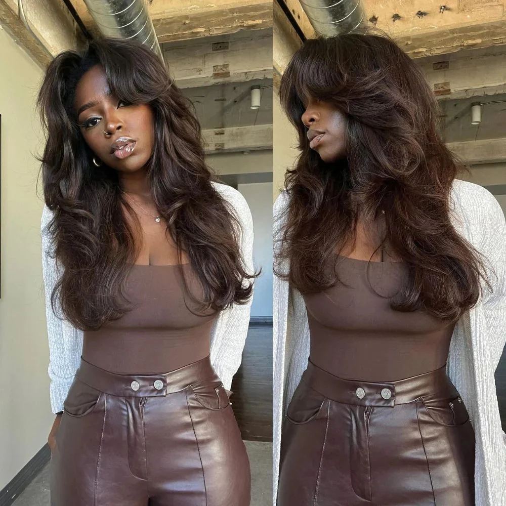 Curtain Bangs 13x4 HD Lace Body Wave Glueless Wig Butterfly Hair Cut Chestnut Brown Lace Wig