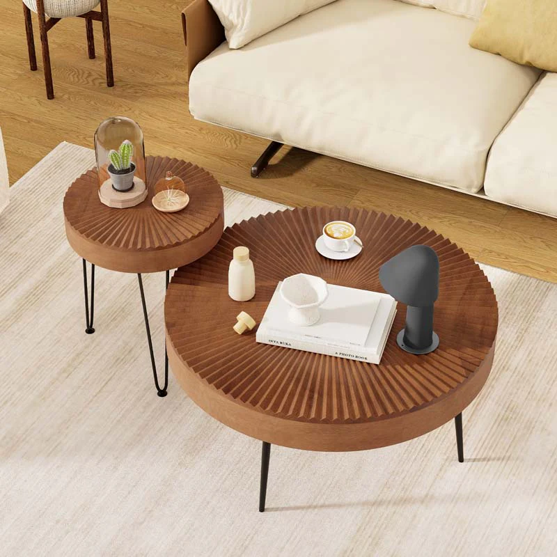 Boho Farmhouse Round Coffee Table Set of 2, Solid Pine Wood Nesting End Table with Metal Legs, Adjustable Foot Pads for Living Room