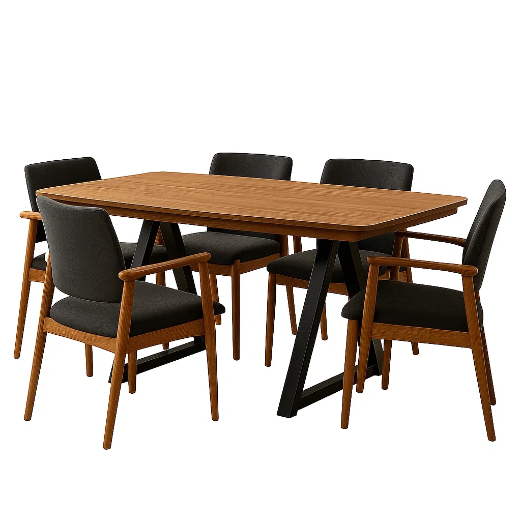 Spisest, 5 sder, tr og stof, brun og sort, rektangulr, fast, 160x85x75 cm bord, 50x55x80 cm stol, indendrs - sJaTG5vphvih
