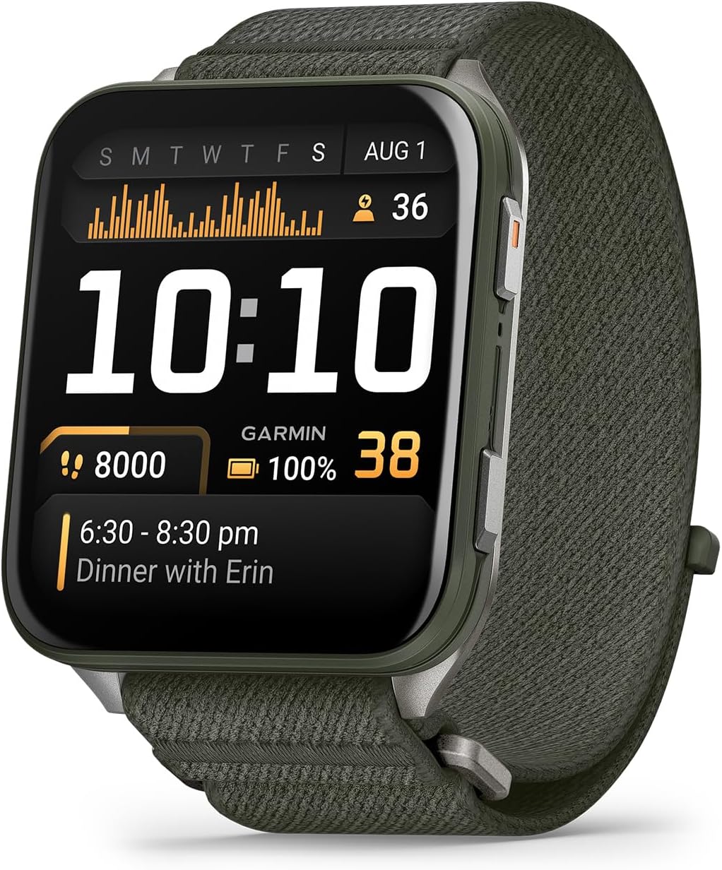 Garmin® Venu® X1, smartwatch GPS sottile e leggero, display AMOLED, funzioni avanzate per la salute e il fitness, muschio con fondello in titanio e cinturino in nylon ComfortFit Muschio