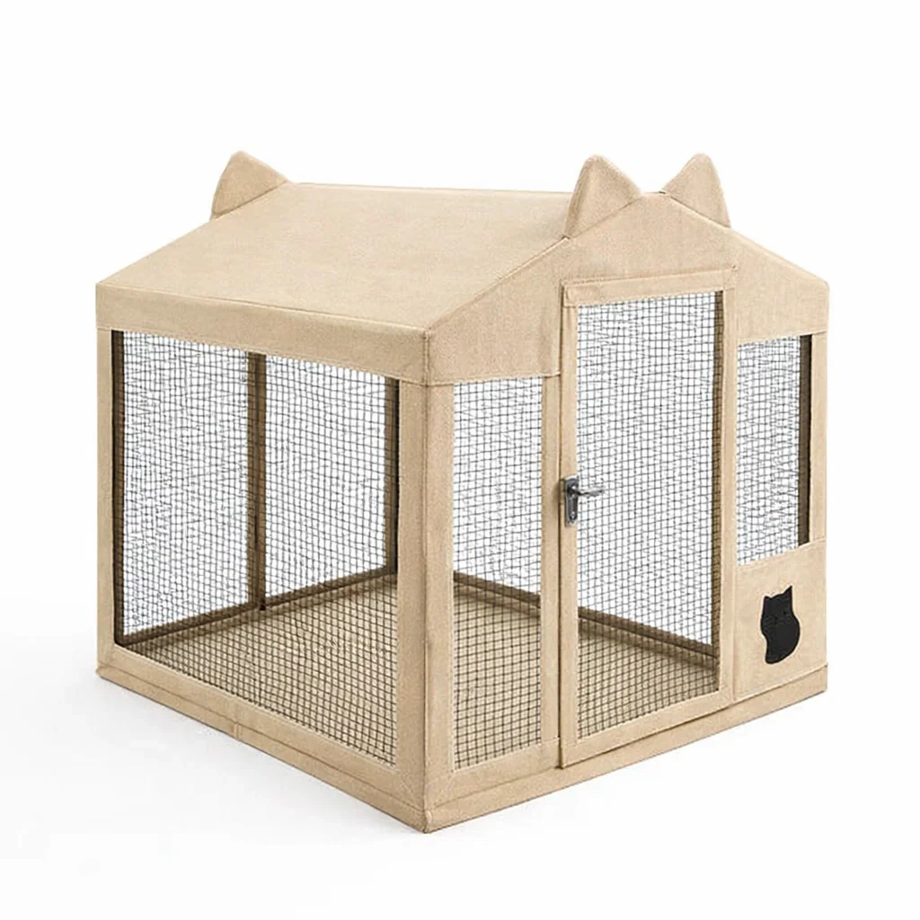 Gabbia per gatti in tela beige con rete metallica