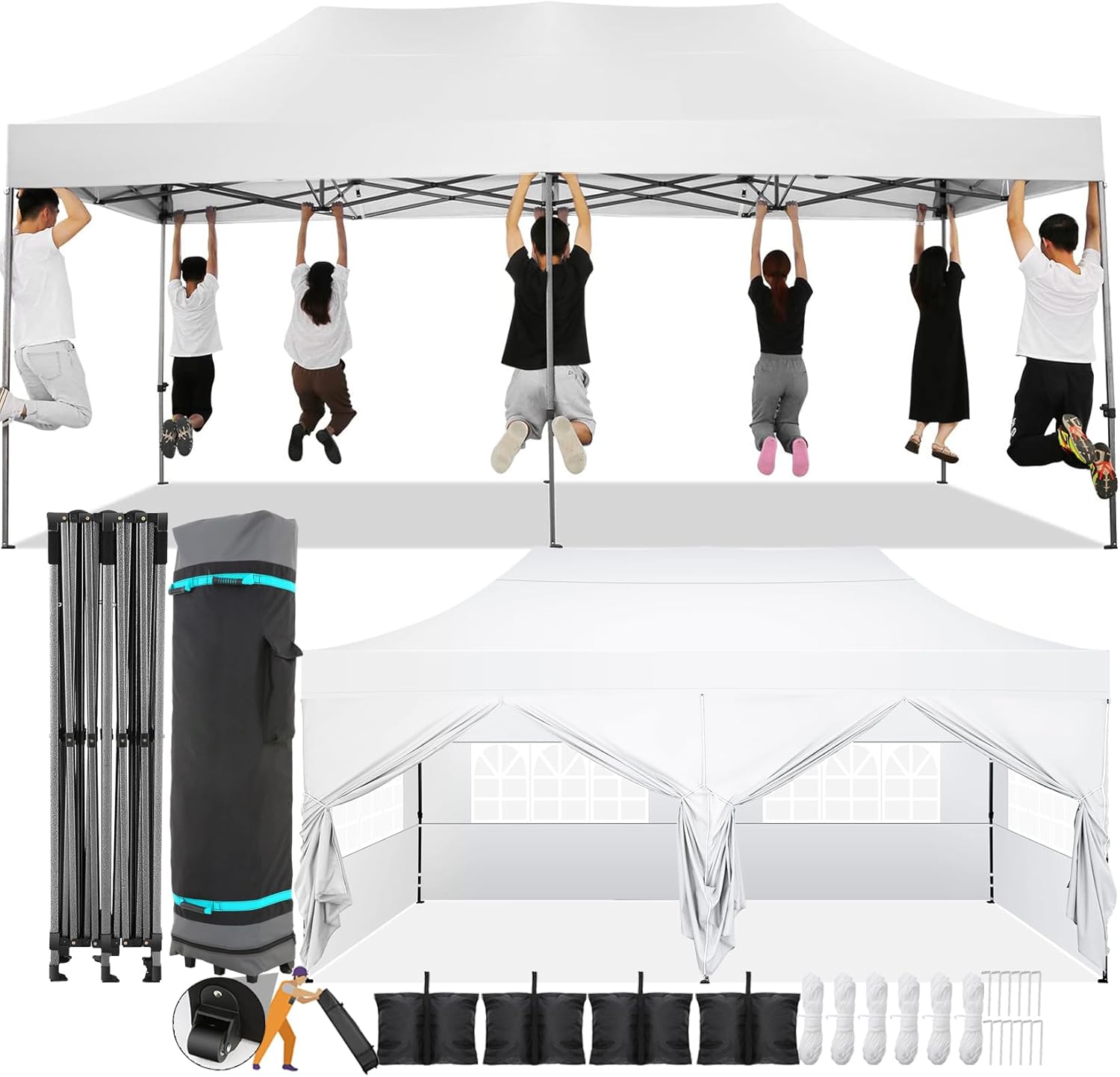 COBIZI 10x20 Pop Up Canopy with 6 Sidewall Heavy Duty Canopy UPF 50+ All Season Wind Waterproof Commercial Outdoor Wedding Party Tents for Parties Canopy Gazebo with Roller Bag(10 x 20 ft White)