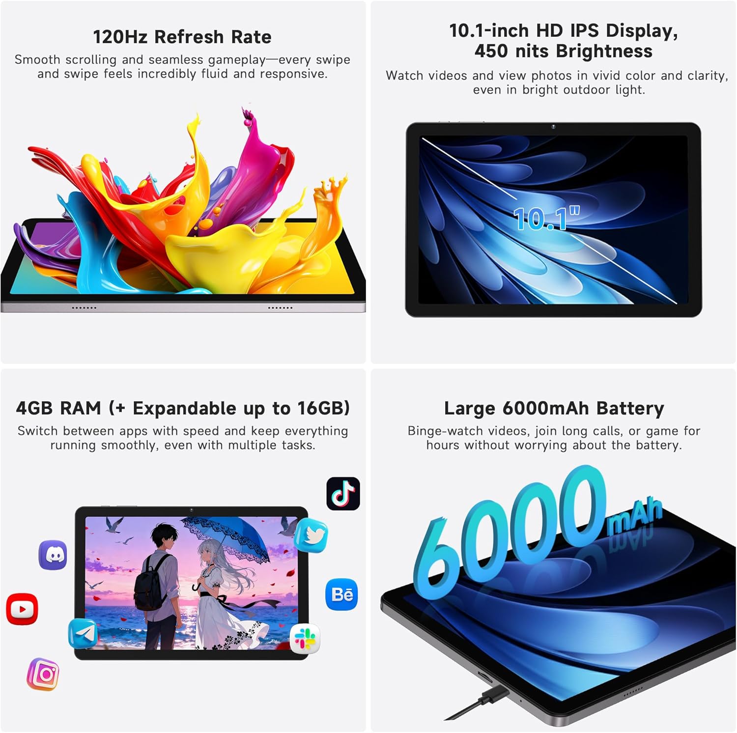 AOC 10.1 inch Android Tablet, Android 16 System, 120Hz Ultra-Smooth Display, 4GB RAM 128GB ROM (1TB Expandable), Octa-Core Processor, Widevine L1 for HD Streaming, Face Unlock, Slim Metal Body, GPS