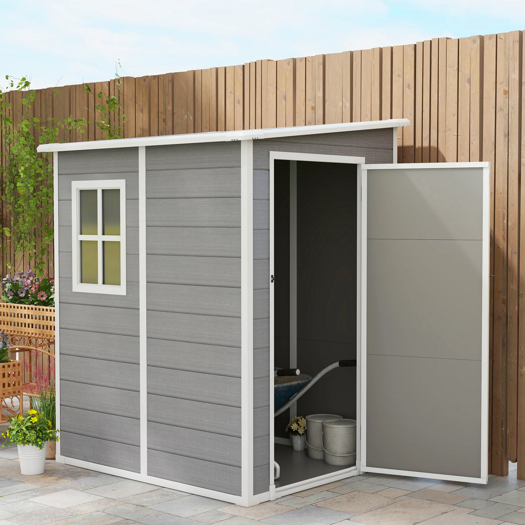 2025 Outsunny Tuinberging Lean to 4'x5' �C Opberghuis voor Tuingereedschap van Kunststof met Sluitbare Deur