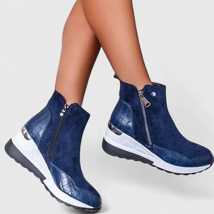 Women��s Black Wedge Ankle Boots Croc-Panel Zip-Up Design