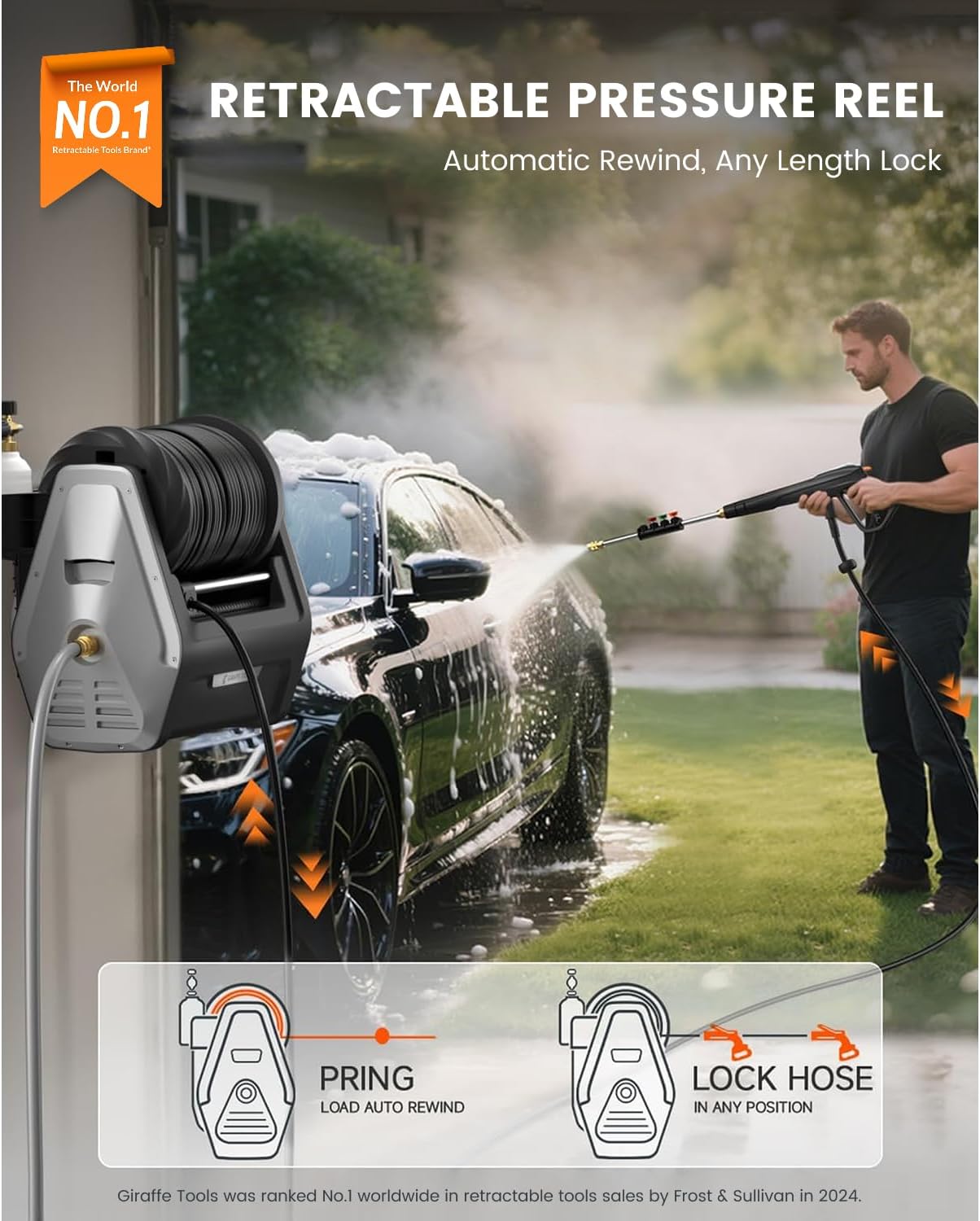 Giraffe Tools Wall Mounted Pressure Washer Essential with Upgraded 1800W Motor  2900 PSI  2.2 GPM Electric Power Washer  Automatic Rewind  100ft Pressure Hoses  5 Nozzles for Floor/Cars/Fences/Patios
