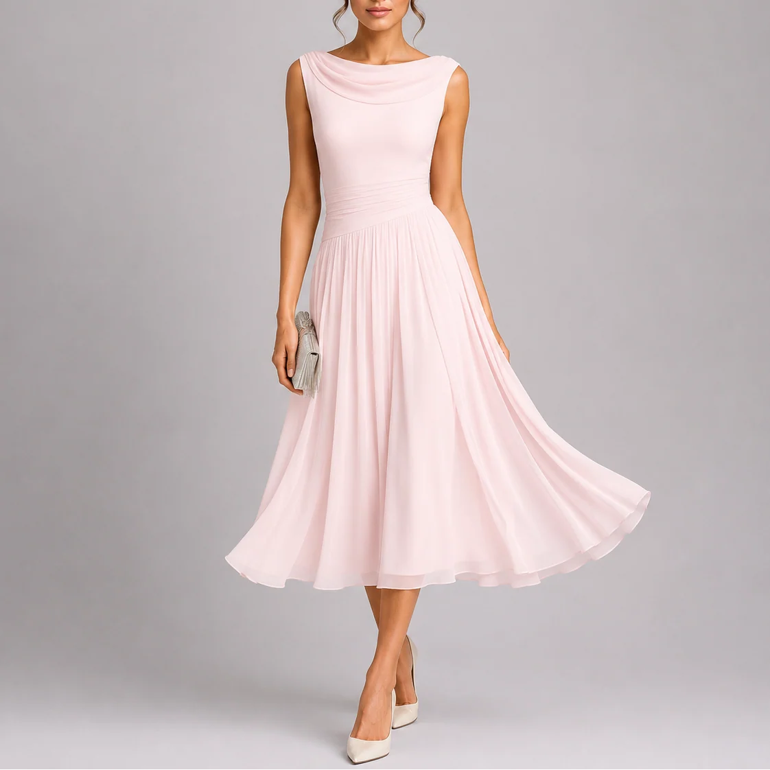 Women��s Elegant Pleated Midi Dress with Draped Neckline