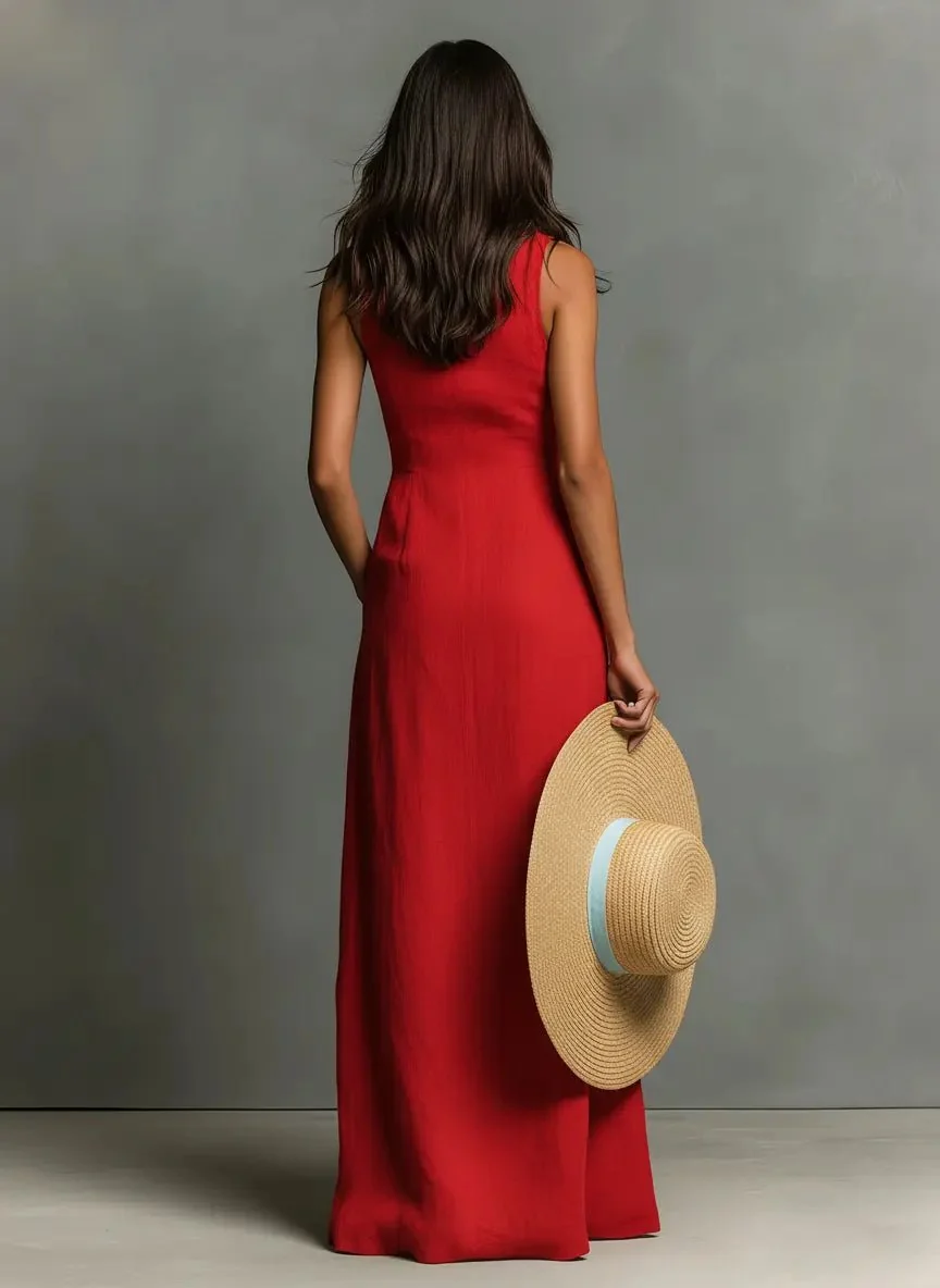Womena??s Sleeveless Maxi Dress Collared Button-Front Linen Design