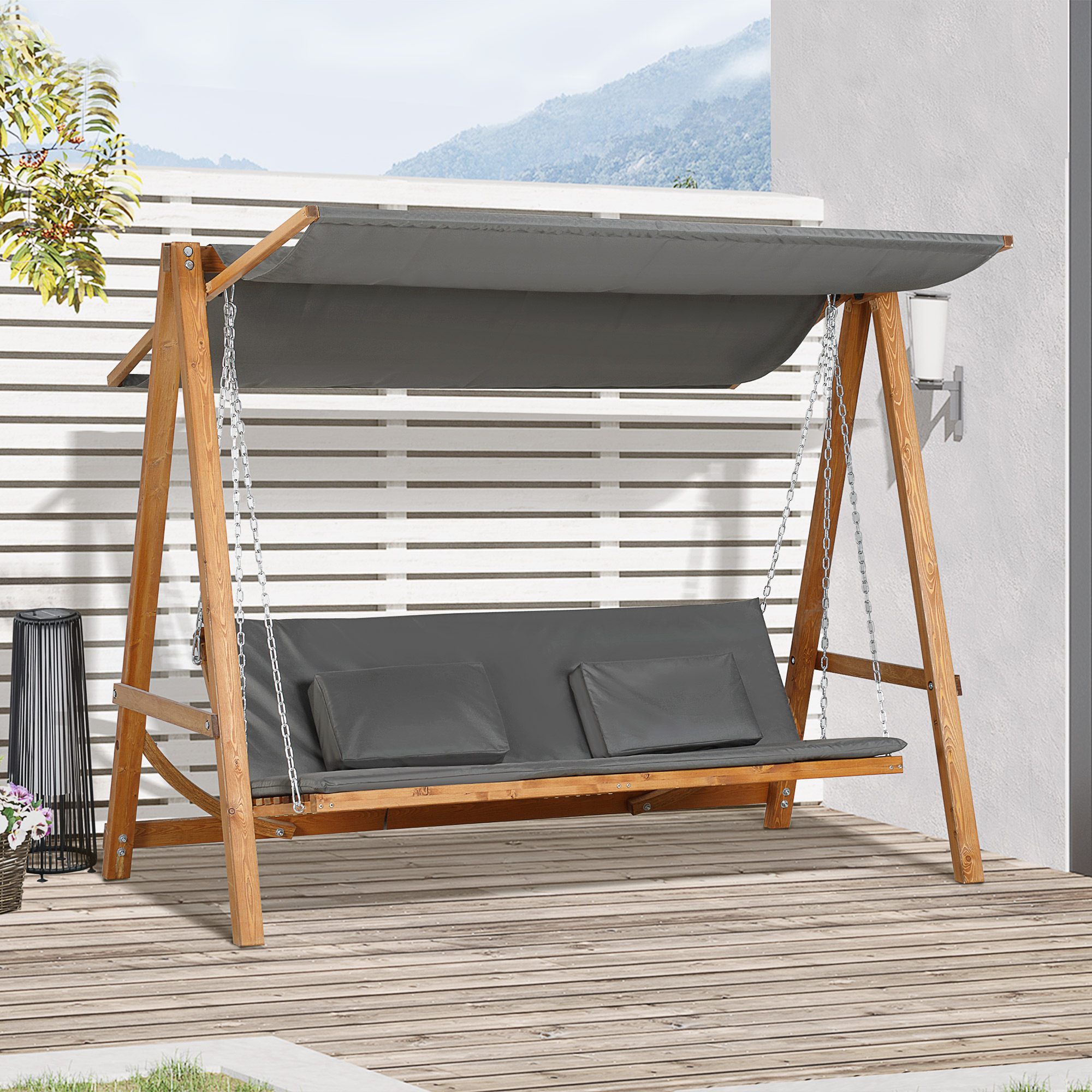 Outsunny hangmatschommel met bedfunctie 3-zits tuinschommel met dak ligbed tuinbank Lariks hout polyester grijs + teak 225.5 x 113 x 180 cm