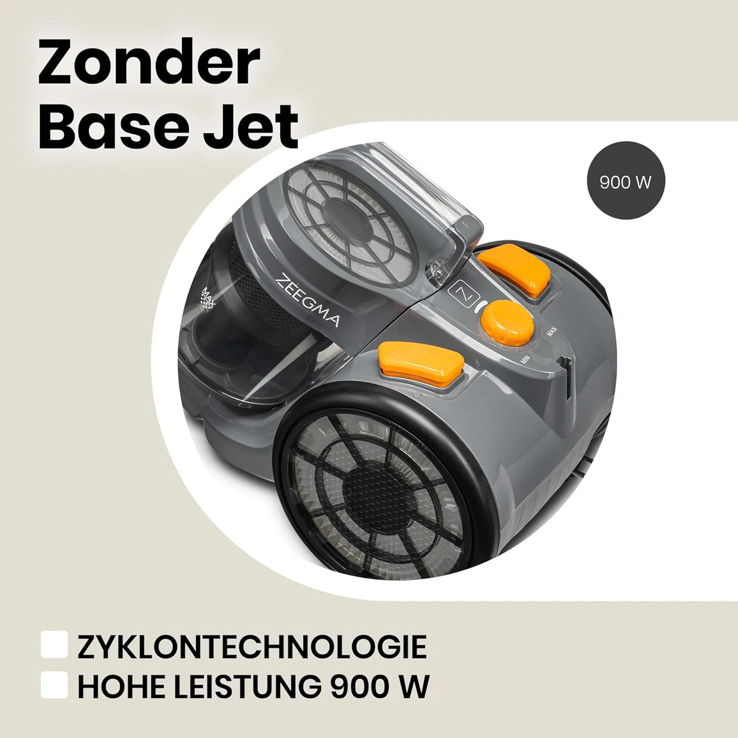 ZEEGMA Zonder Base Jet Aspirapolvere senza sacco con set di accessori, Potenza 899W Potenza di aspirazione 20 000 Pa, Tecnologia ciclonica, Turbospazzola, 2 filtri HEPA, Contenitore polvere 2L