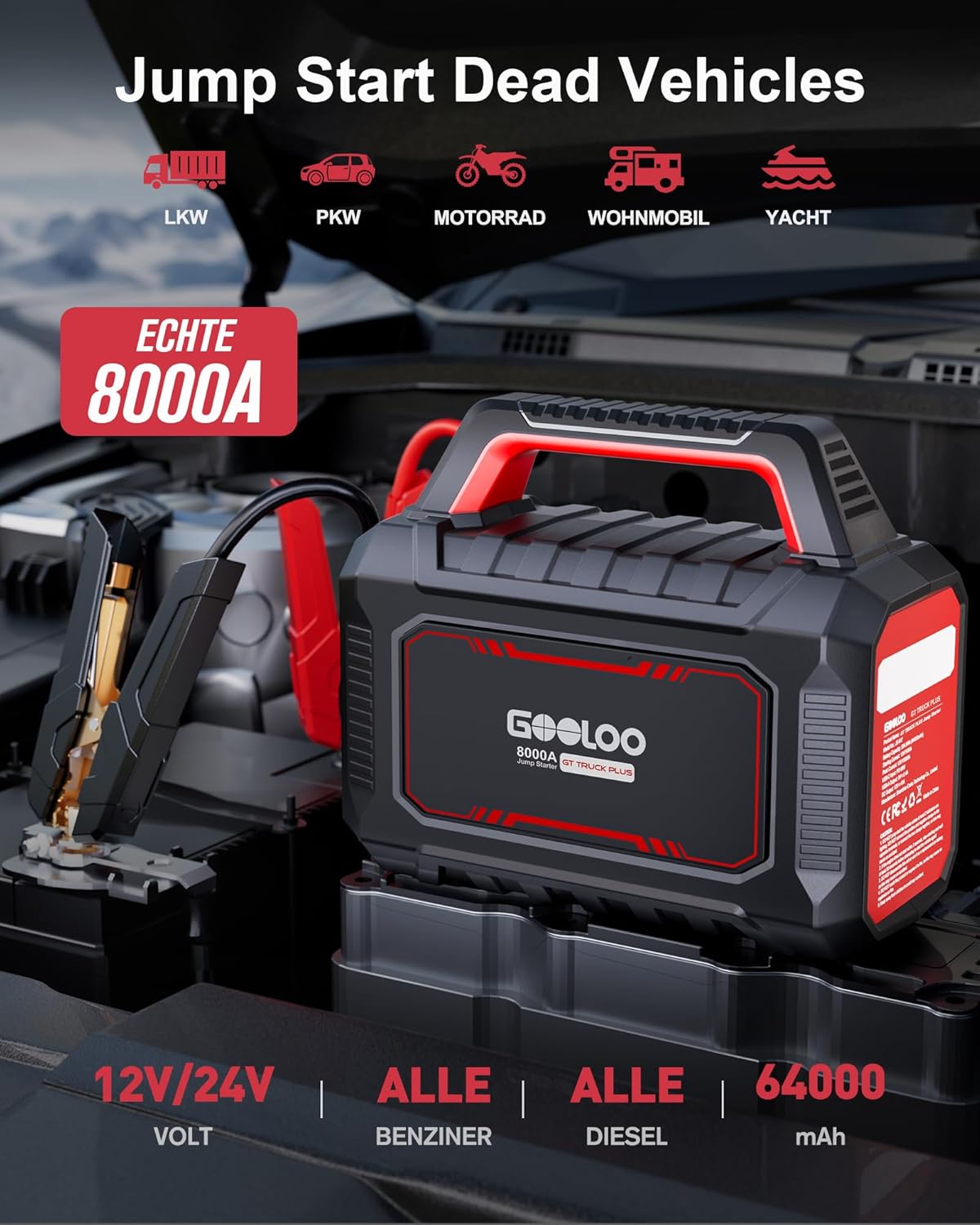GOOLOO GT Truck Plus Starthilfe Powerbank – 8000A 12V/24V Tragbare Starter Powerbank mit PD65W Schnellladung, Booster Auto Starthilfe für PKW, LKW, Wohnmobile, Yachten (Alle Benzin und Diesel)