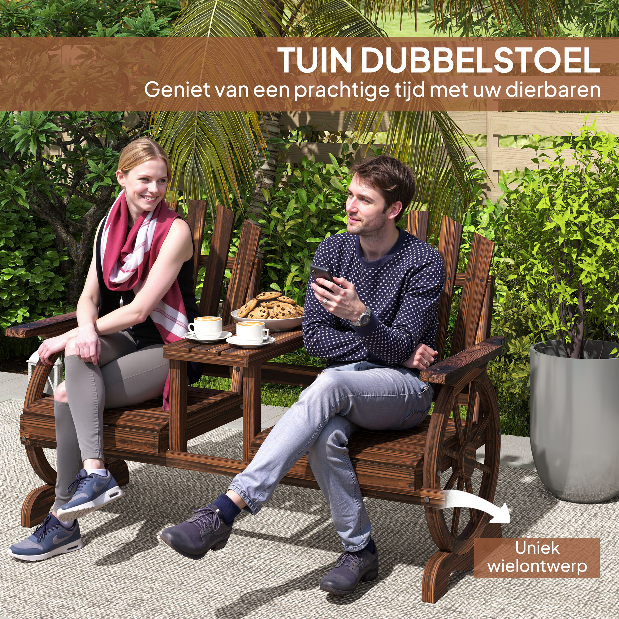 Outsunny Weerbestendige 2-Zits Houten Tuinbank met Paraplugat en Wagenwielpoten, 154 x 65 x 102 cm, Verkoolt