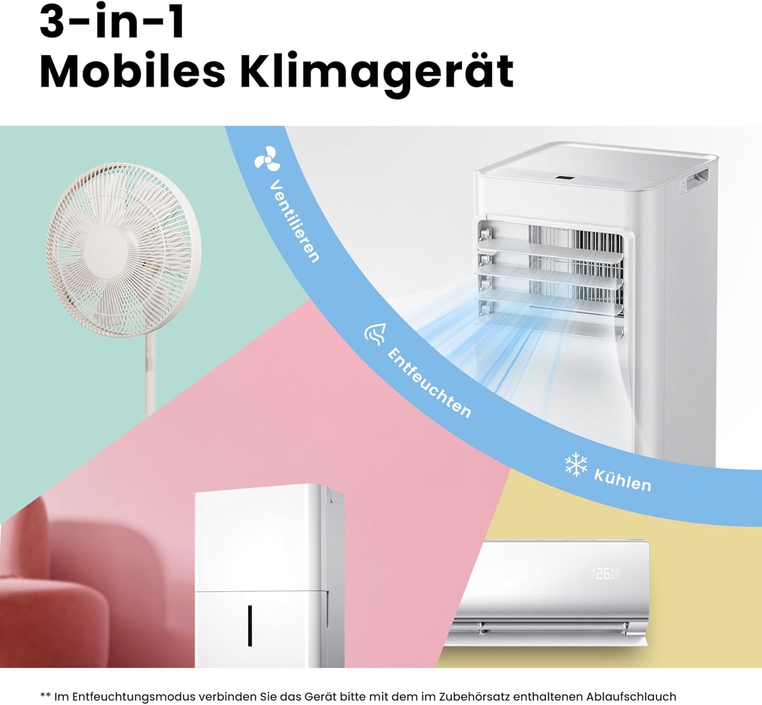 Comfee Mobiles Klimagerät Breezy Cool Pro 2.6,9000 BTU 2,6kW, Kühlen&Ventilieren&Entfeuchten,APP-Steuerung,Raumgröße bis 88m³(33㎡),Mobile Klimaanlage mit Abluftschlauch [Energieklasse A]