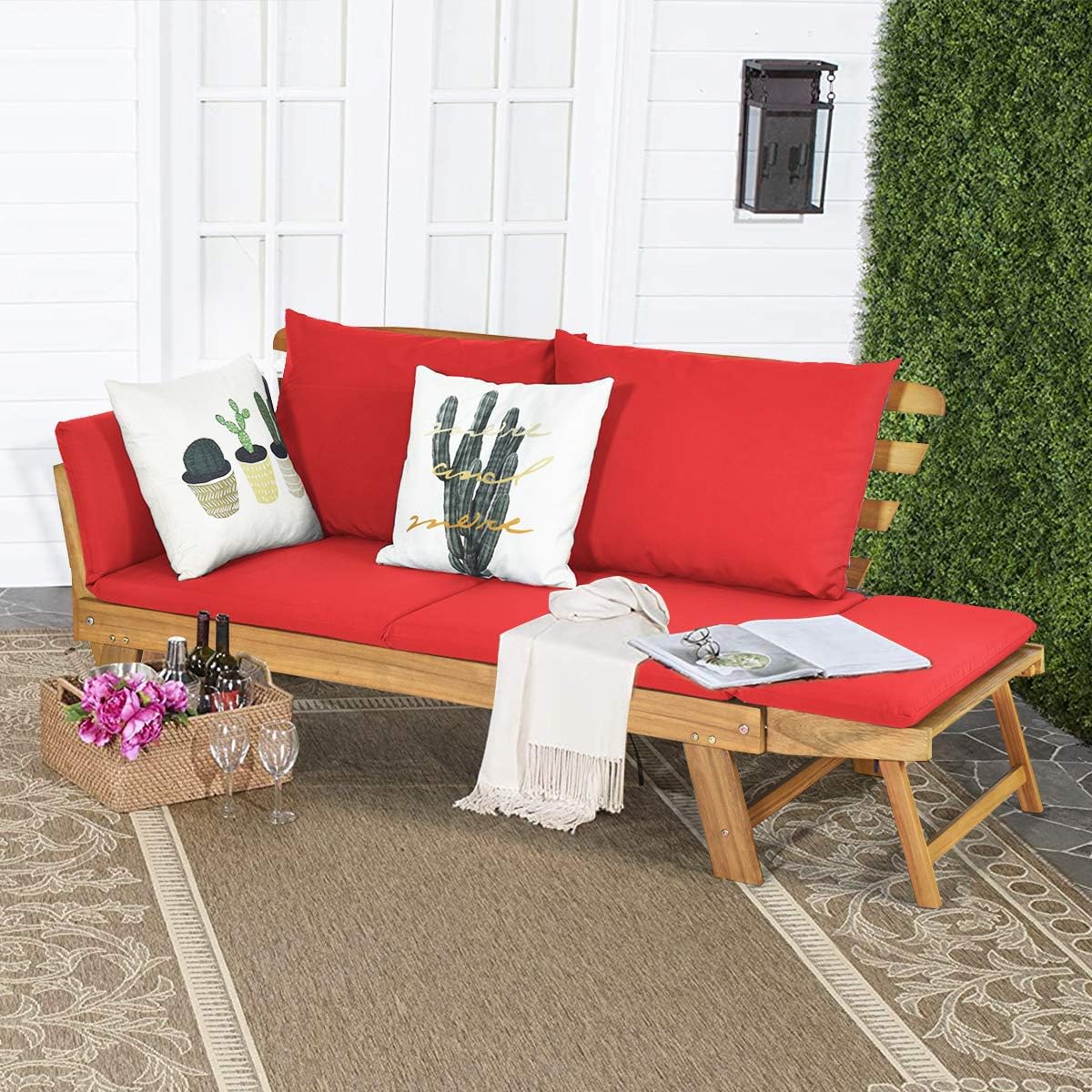 GIANTEX Gartenbank mit Liegefunktion, Gartensofa mit klappbaren Seitenlehnen, Balkonbank mit Auflagen, Sitzbank Outdoor aus Akazienholz, Loungesofa 3-Sitzer, Liegesofa für Balkon Garten Terrasse