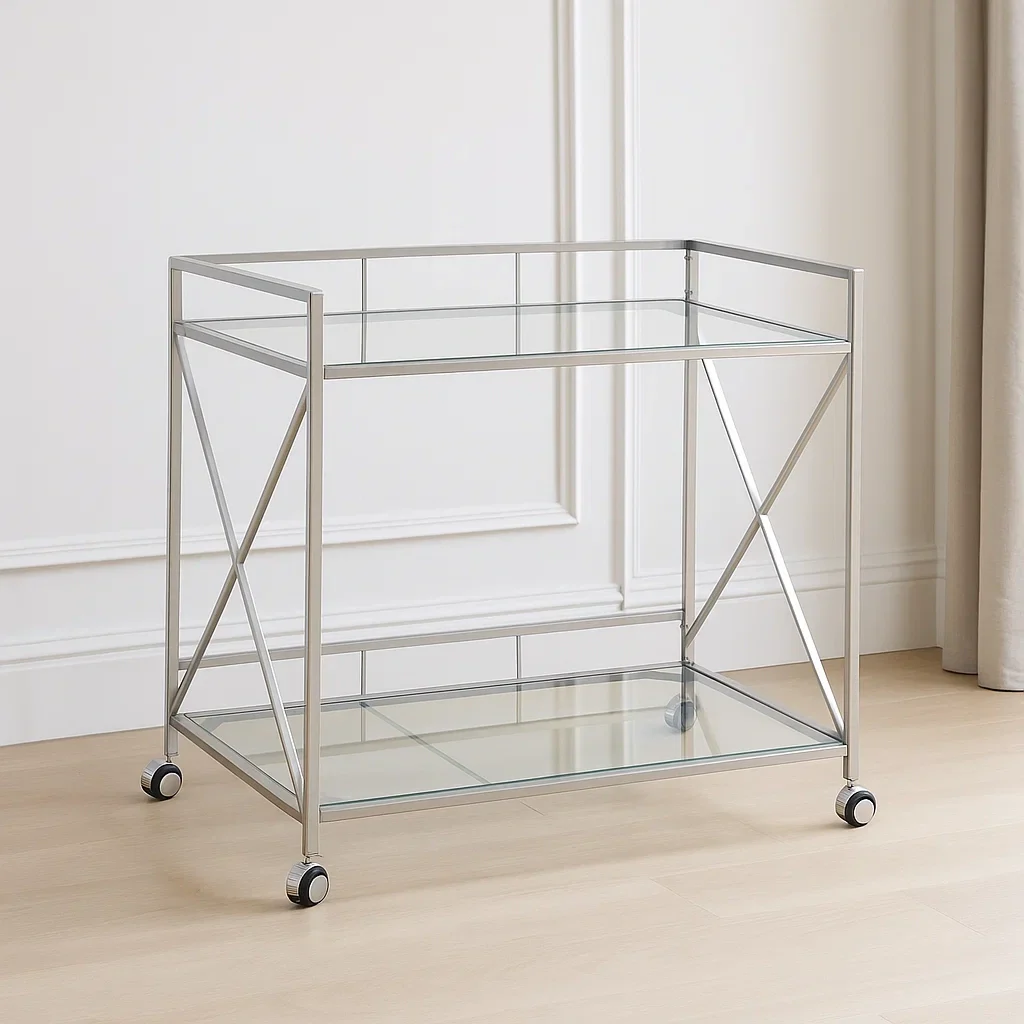 Barvogn, slv, metal og glas, egnet til indendrs brug, 91x56x80 cm