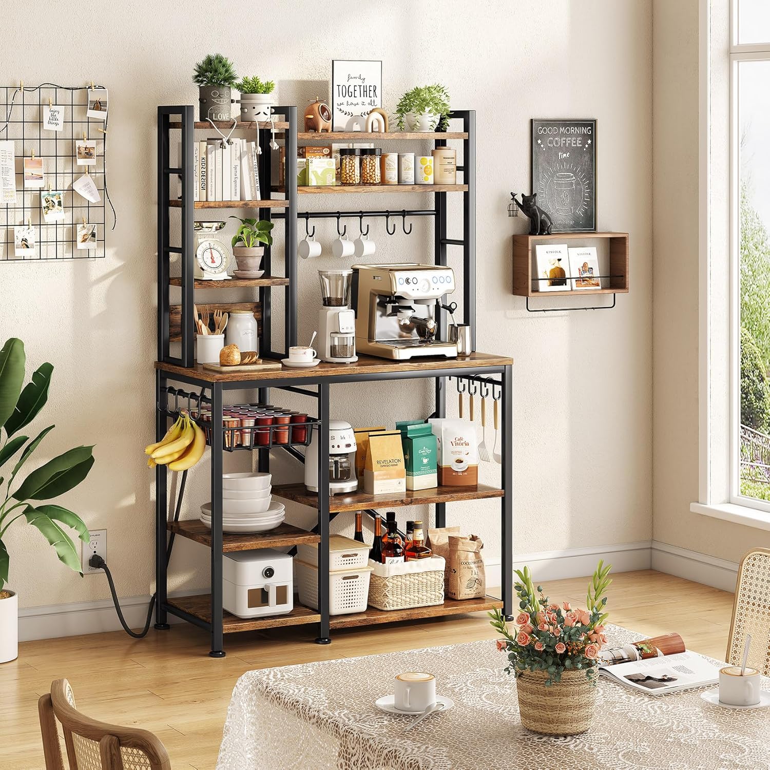 SNTD Baker Rack with Power Outlet - Microwave Stand with Storage, Large Coffee Bar Station with 14 Hooks, Metal Kitchen Shelf Rack for Spices, Pots (Rustic Brown) | with Power Outlet