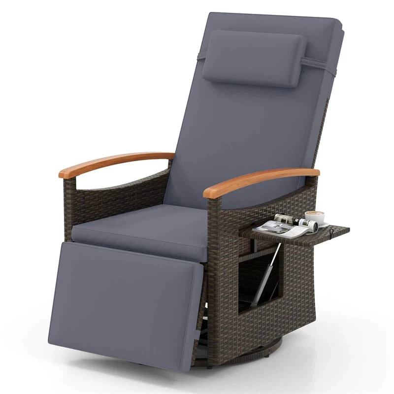 Outdoor Rattan 360° Swivel Recliner Chair, Patio Wicker Chaise Lounge Chair with Adjustable Backrest & Footrest, Flip Side Table & Cushions