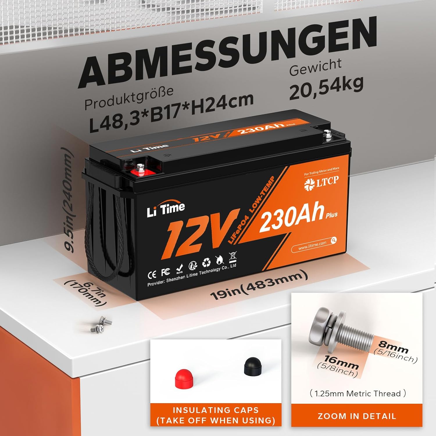 Litime 12V 230Ah Plus LiFePO4 Batterie Low-Temp-Schutz Eingebautes 200A BMS, Max 2944Wh Energie, Lithium-Eisenphosphat Batterie Perfekt für Womo, Camping, Solaranlage, Boot, Hausenergiespeicher