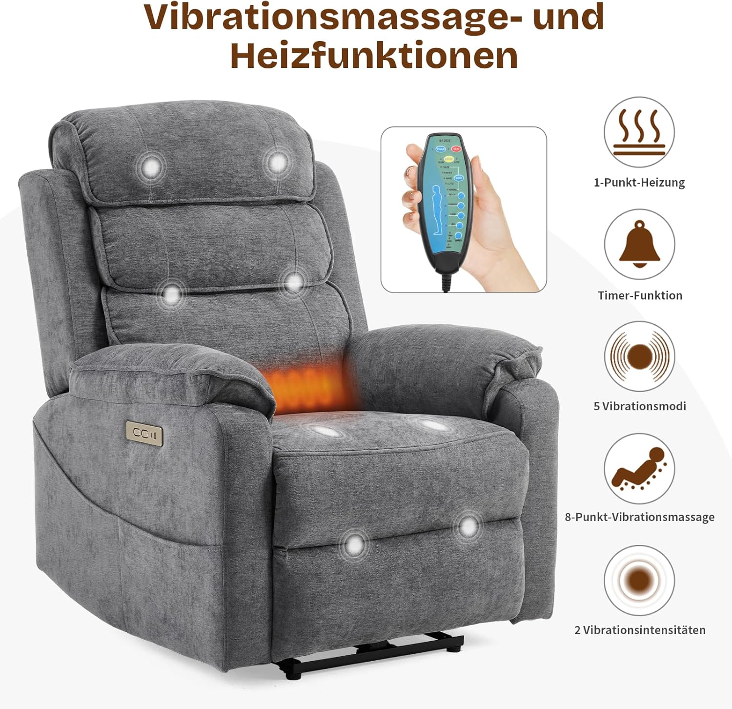 LEADZM Fernsehsessel Relaxsessel mit drahtloser Ladevorrichtung, 1 USB-Anschluss, 1 USB-C-Ladeanschluss, Liegen TV Sessel mit Massage Heizung, Getränkehalter (Dunkelgrau)
