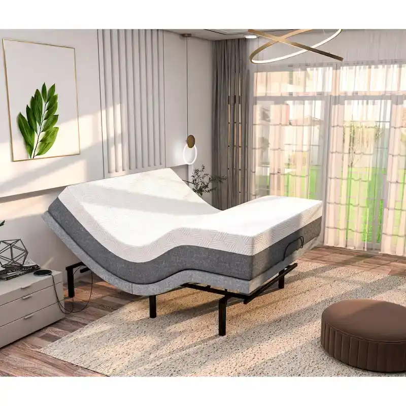 Adjustable Bed Frame with Medium Gel Memory Foam Mattress, Dual Massage, USB Ports, App, Remote