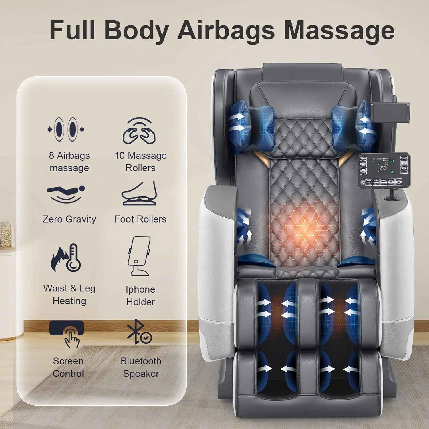 2025 Massage Chair Full Body, Zero Gravity Massage Chair with 10 Fix Rollers, Heating, Foot Massage, Auto Modes, Bluetooth Speaker, Touch Screen Controller (Black & Brown)