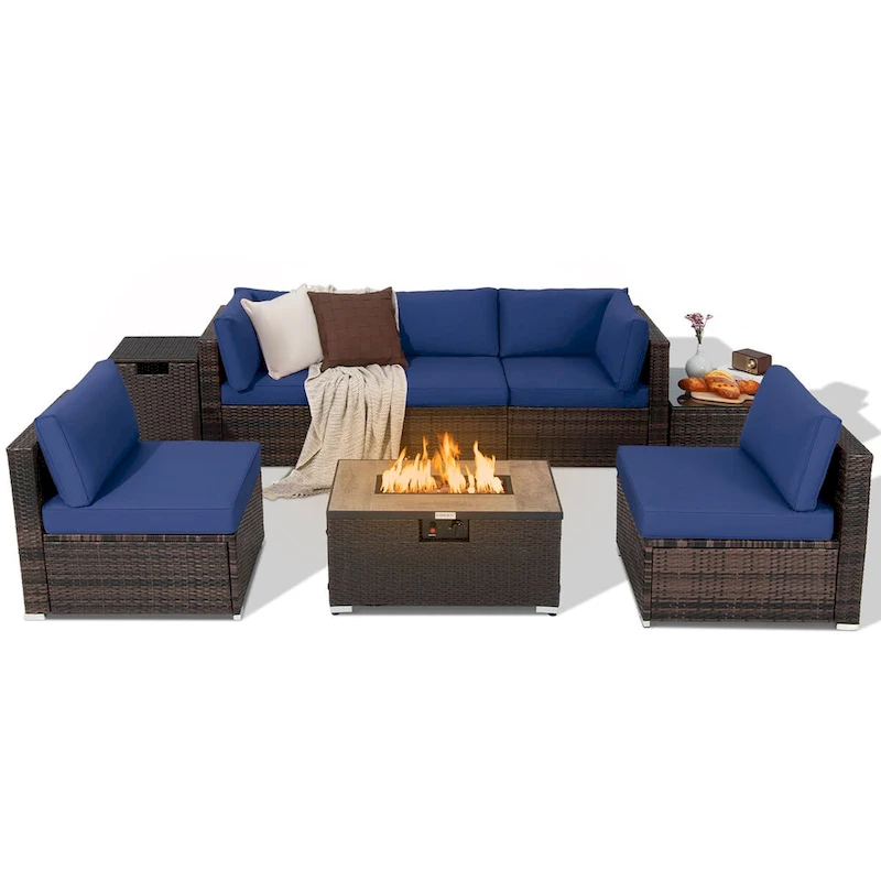 8PCS Patio Rattan Furniture Set Fire Pit Table Tank Holder Cover Deck