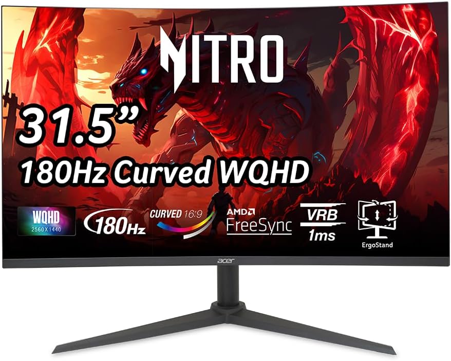acer Nitro 31,5 hüvelykes WQHD 2560 x 1440 1500R ívelt gamer PC monitor | AMD FreeSync | Akár 180 Hz frissítési sebesség | 1ms VRB | Hangszórók | Egy DisplayPort 1.4 és két HDMI 2.0 | XZ320QU S3bmiiphx