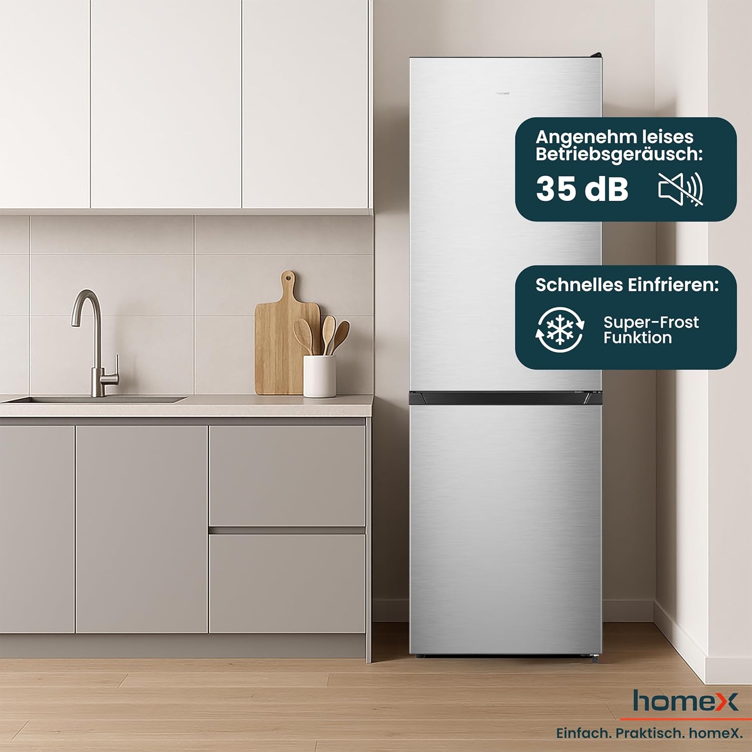 homeX Kühlschrank mit Gefrierfach No Frost, Kühl-Gefrier-Kombination freistehend, groß - 304 Liter, Fresh Box, Super-Frost, leise 35 dB, EEK A, Kühl Gefrierkombination, silber, CFSN3041A-S