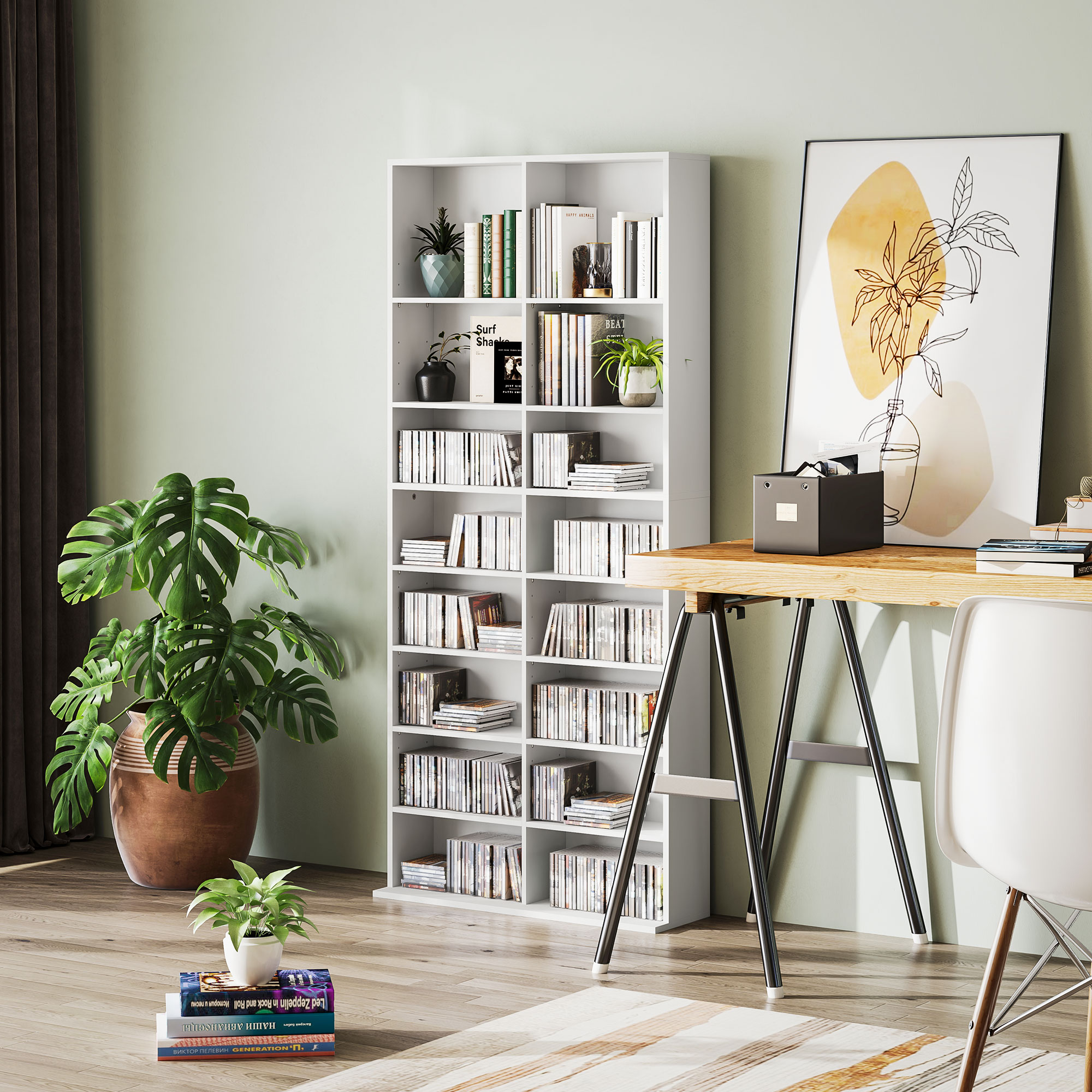 HOMCOM DVD-Rek, CD-Opslagrek, 14 Aanpasbare Planken, 18 Vakken, 175 cm, Blu-ray-Rek, Spaanplaat, Wit