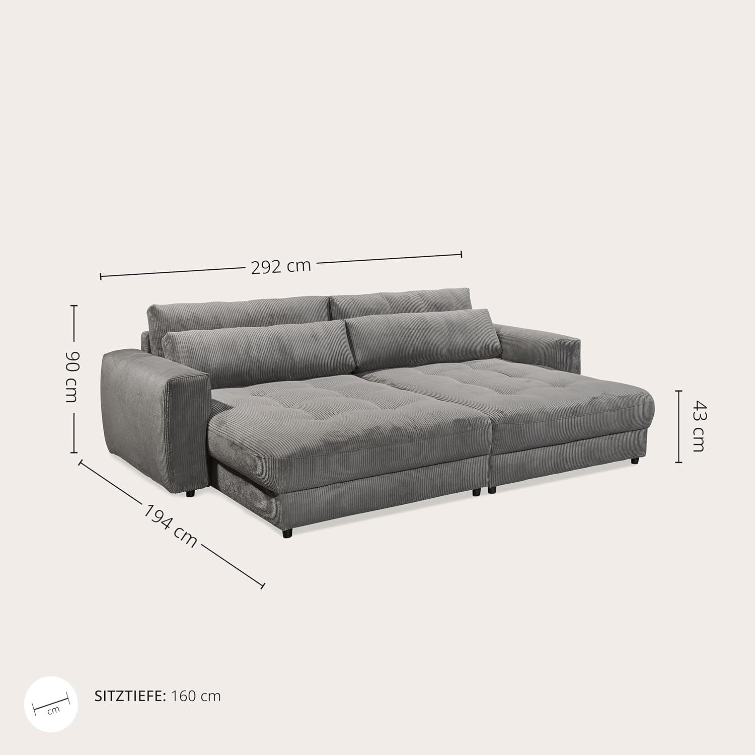 Big Sofa BARURA Cord dunkelgrau – XXL Couch mit großer Liegefläche, modernes Sofa 292x194 cm inklusive Nierenkissen