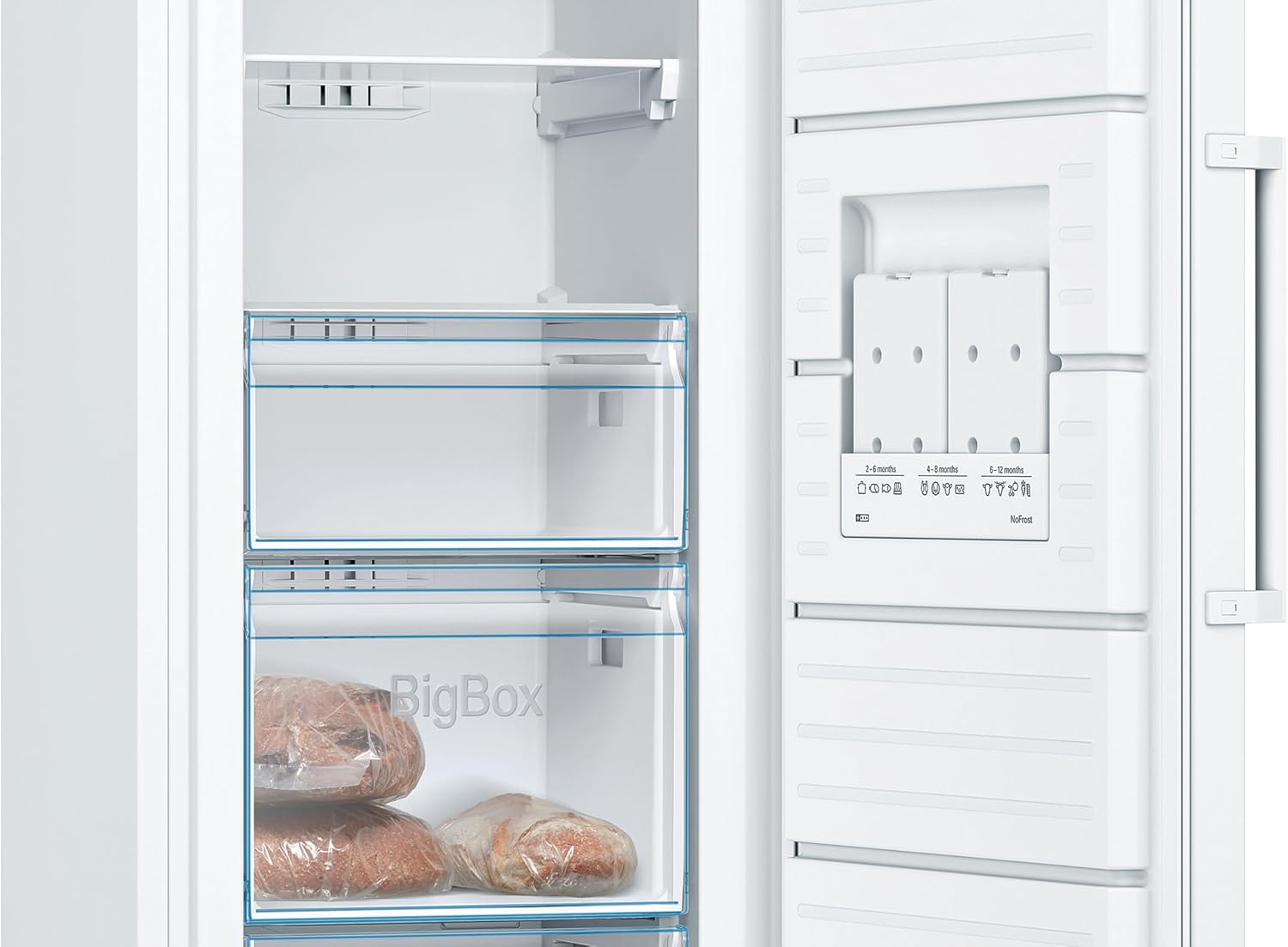 Bosch GSN33VWEP, Serie 4, Freistehender Gefrierschrank, 176 x 60 cm, 225 L Gefrieren, NoFrost, BigBox Schublade für großes Gefriergut, Flexibler Gefrierraum, Multi Airflow - gleichmäßige Kühlung, Weiß