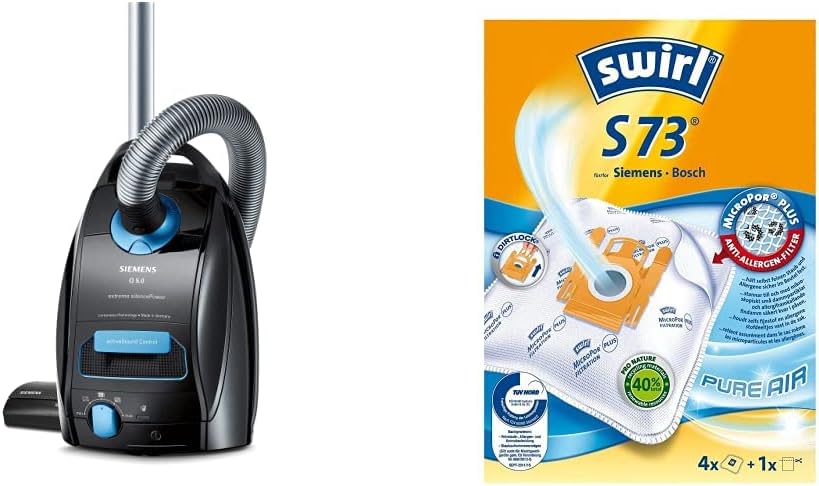 Siemens Staubsauger mit Beutel Q5.0 Extreme silencePower VSQ5X1230, Bodenstaubsauger, 850 W, schwarz & Swirl S 73 MicroPor® Plus Staubsaugerbeutel, 4 Stück inkl. Filter
