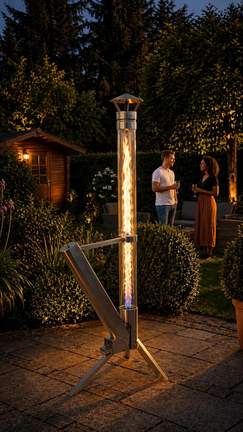 Eden Outdoor Feuerrohr Klassik,Edelstahl Feuersäule und Pelletfackel, Elegante Terrassenheizer und Gartenkamin, stilvolles Terrassenfeuer, langlebig und wetterfest, Alternative für Deine Terrasse und