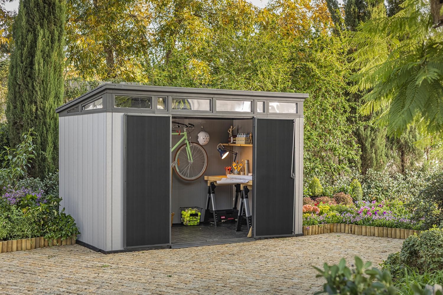 11x7 Modern Resin Outdoor Storage Shed Kit-Perfect to Store Patio Furniture, Garden Tools Bike Accessories, Beach Chairs and Lawn Mower, Grey & Black